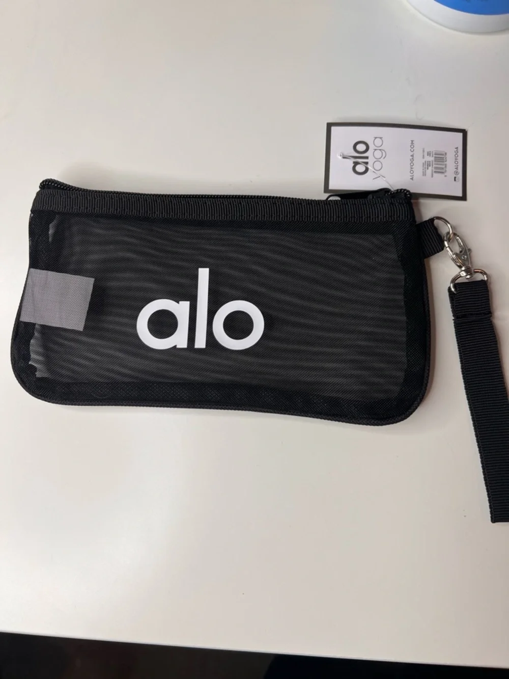 ALO Yoga Black Mesh Wristlet Pouch with White Logo inspired - Picture 1 of 6